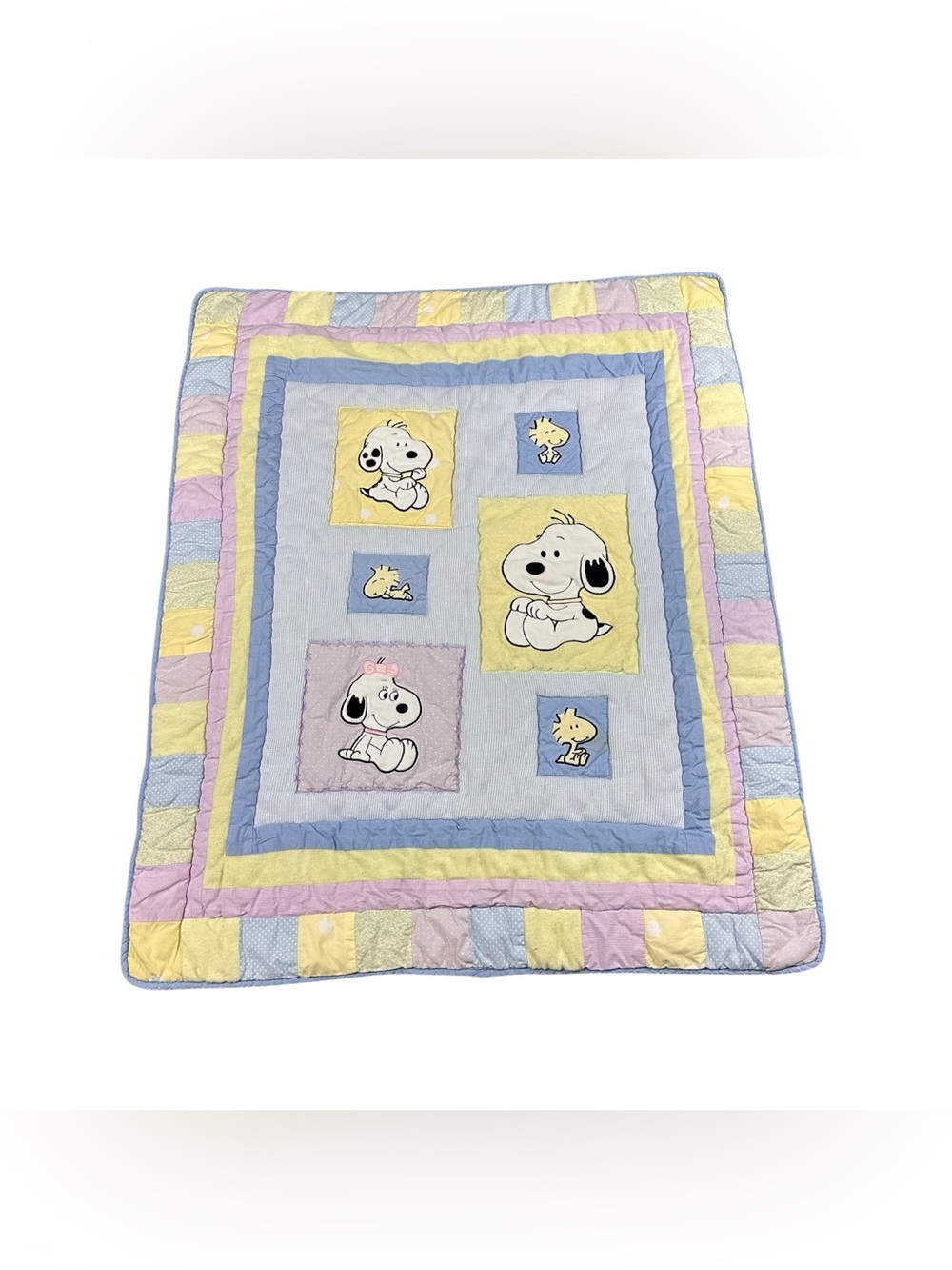 Vintage Peanuts Snoopy Woodstock Baby Crib Quilt Pastel Patchwork Lambs & Ivy